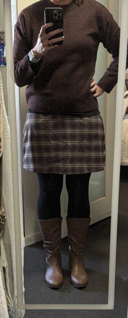 Brown skirt, brown sweater, brown boots