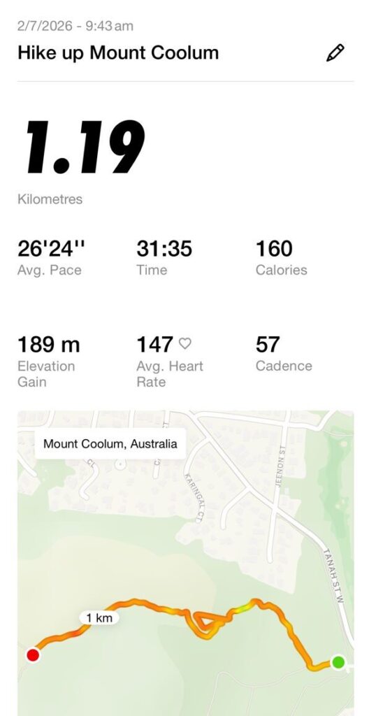 Workout stats from climbing Mount Coolum on the Sunshine Coast