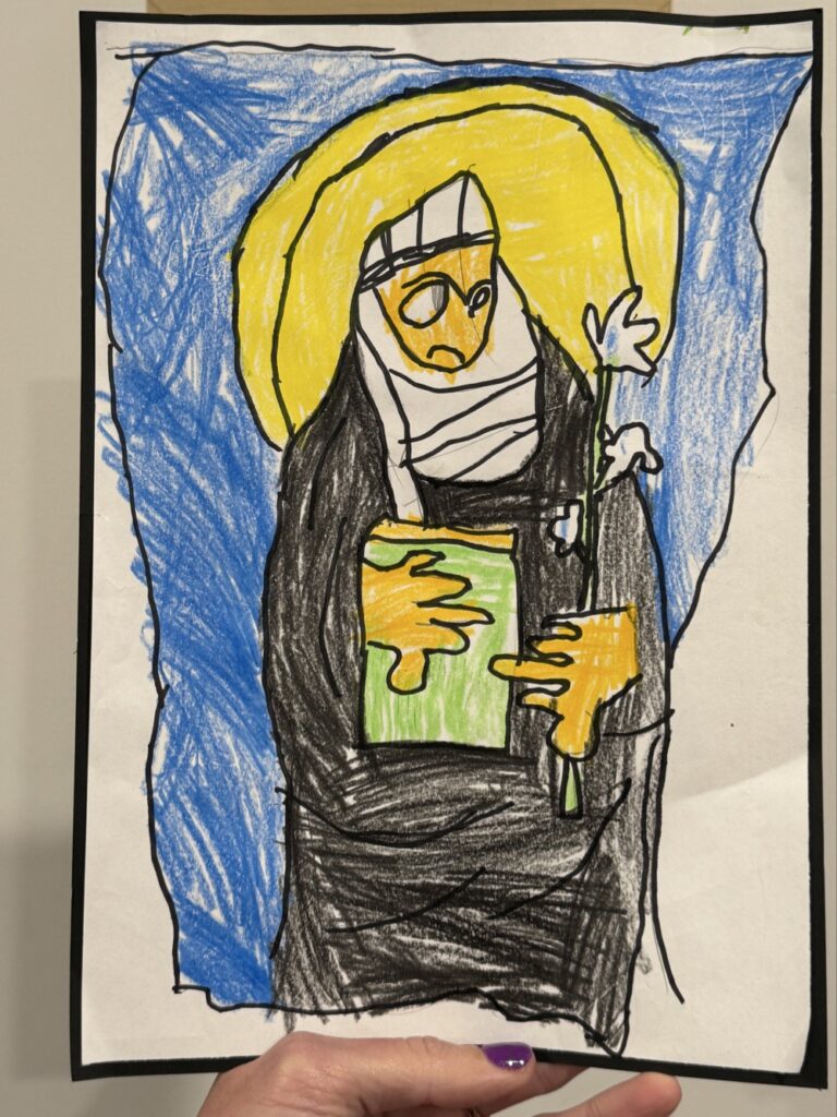 A child's drawing of an angry looking nun with big hands