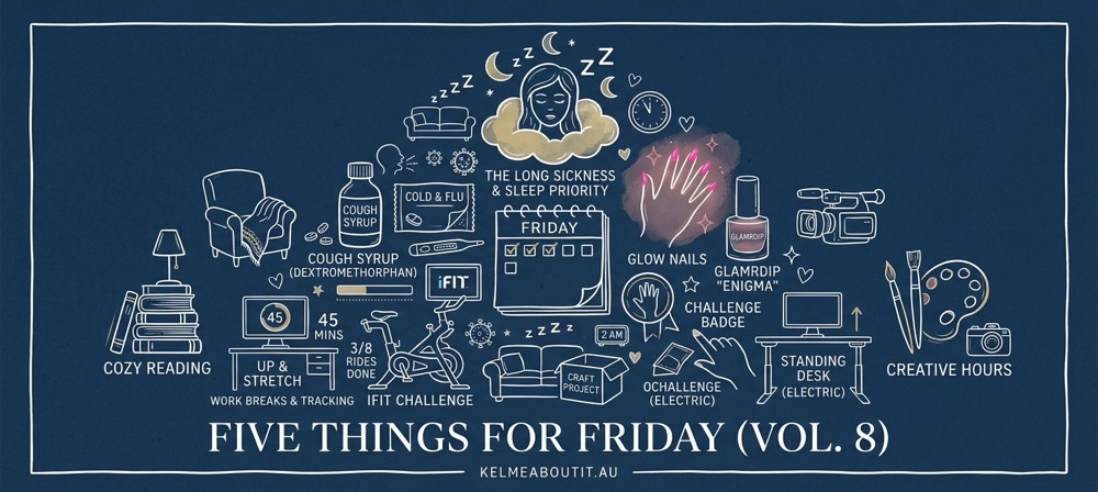 Illustrated header reading “Five Things for Friday (vol. 8)” with sickness, reading, exercise and creative-project icons