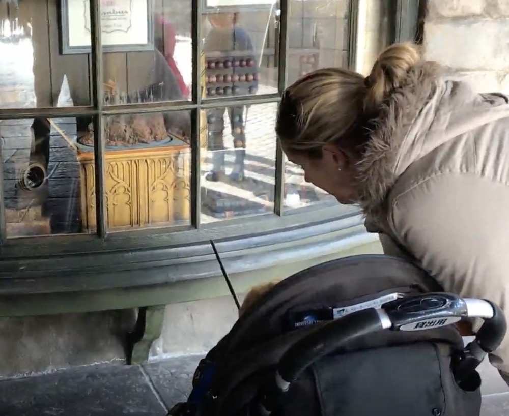 Harry Potter interactive wand resting on a pram at Hogsmeade, Universal Studios Japan