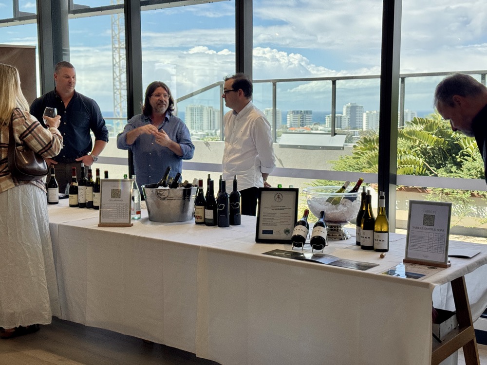 Wine tasting table inside the Sunshine Coast expo with coastal views