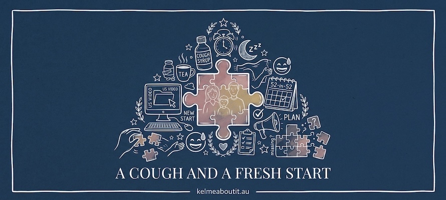 Illustrated header reading “A cough and a fresh start” with cough syrup, a laptop, calendar and puzzle pieces