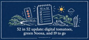 Illustrated 52 in 52 checklist with the words “52 in 52 update: digital tomatoes, green Noosa, and 19 to go”
