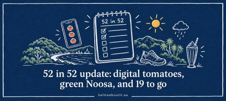 Illustrated 52 in 52 checklist with the words “52 in 52 update: digital tomatoes, green Noosa, and 19 to go”