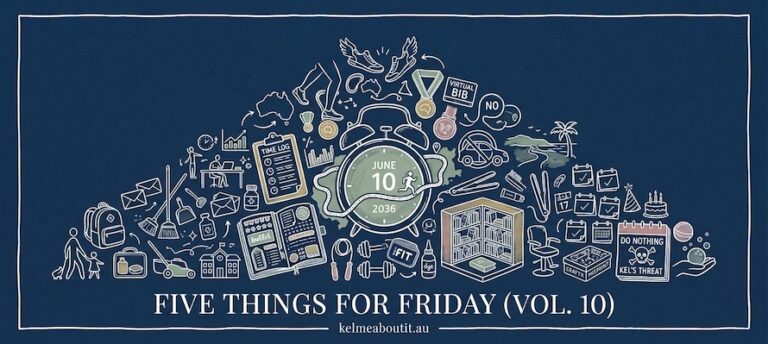 Illustrated header reading “Five Things for Friday (vol. 10)” with running, bookshelf, calendar and birthday icons