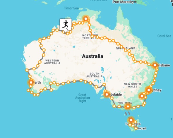 Run Down Under virtual run progress map showing route around Australia, September 2026