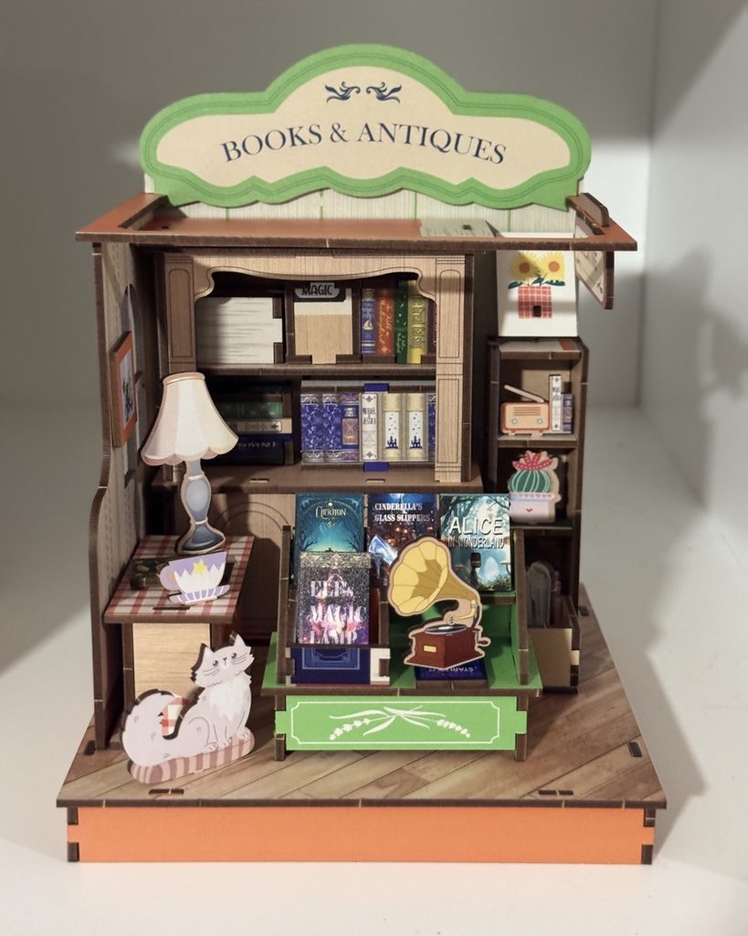 Completed miniature wooden bookstore craft kit with small shelves filled with colourful books